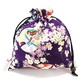 [COCOLUCK] Cocorak Japanese Pattern Drawstring Bag, Small Items, Made in Japan, Crepe, Lined, Goshuin Book Bag, Japanese Miscellaneous Goods, Washable, Gift (Suzakura Purple)
