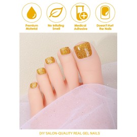 EBANKU Gel Toe Nail Stickers Cured Gel Nail Strips for Toes Gel Toenail Strips Nail Art Wraps Long-Lasting Toe Gel Nail Polish Wraps Gel Nail Art Stickers for Toes UV/LED Lamp Required (Gold)