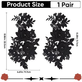 GORGECRAFT 2Pcs 3D Flower Lace Appliques Rhinestone Beaded Embroidered Sew on/Iron on Patch Black Floral Motif Cloth Collar Trim Patches for Wedding Bridal Dress Decor Clothing Pants Sewing DIY Crafts