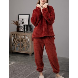 Mingzhu Women's Comfy Pajama Sets Winter Fleece Sleepwear Tops Fuzzy Lounge Pants(0290-Red-M)