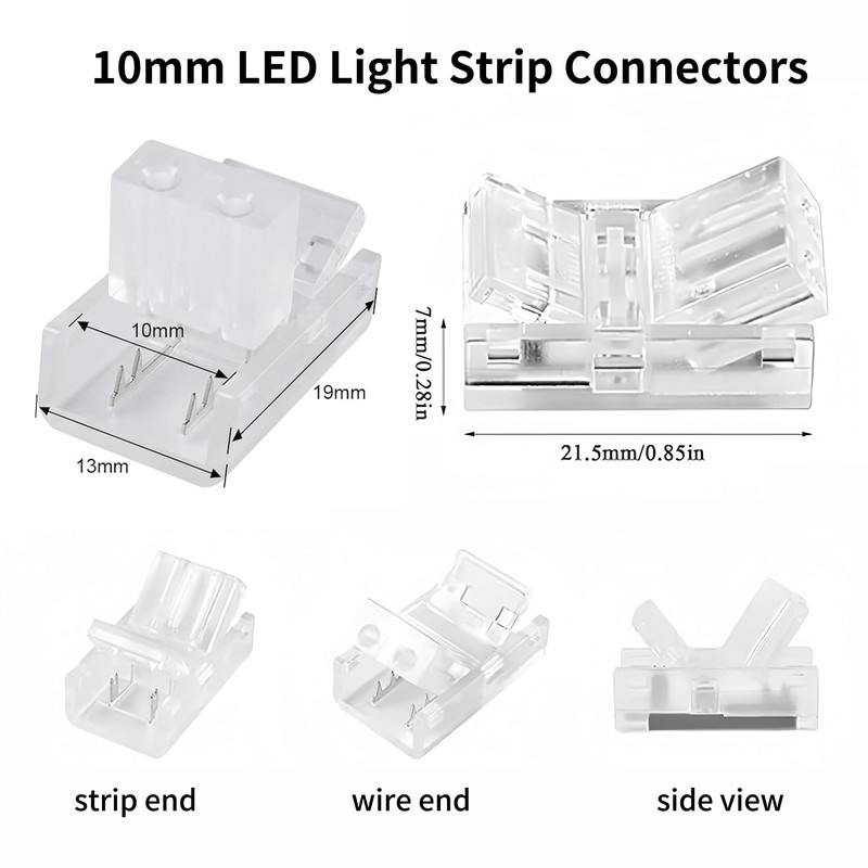 Clearhill 10mm 2Pin 20Packs Transparent Solderless LED Light Strip Connectors,Strip