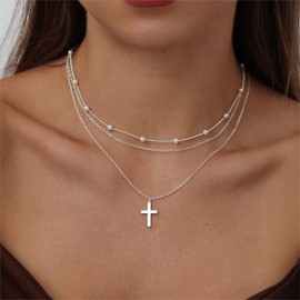 ASCOMY Layered Necklaces for Women Dainty Silver Necklace 14K Silver Plated Pearl Necklace O Chain Necklace Cross Pendant Chain Necklace Simple Necklaces for Women Girls Everyday Gold Jewelry Gift