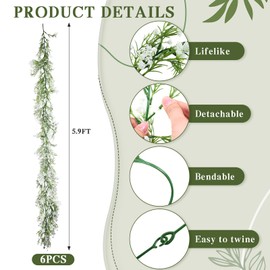 Lyrow 6 Pieces Artificial Baby Breath Flower Vines 5.9ft Faux Hanging Gypsophila Greenery Garland Vines Fake Bulk Baby Breath Garland for Wedding Party Table Home Backdrop Wall Decor (White)