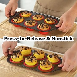 Silicone Muffin Pan for Baking with Metal Frame, 6 Cup Muffin Pan Molds, Non Stick Baking Tray for Ovens, Bakeware with Press to Release Design, Egg Bites Silicone Mold, Dishwasher & Oven Safe, Yellow