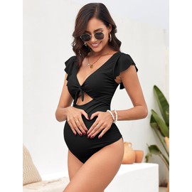ZAFUL 2025 Maternity One Piece Swimsuit for Women Swim Suits Tie Front Tummy Control Pregnancy Bathing Suits Ruffle Swimsuits Solid Black