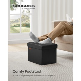 SONGMICS Small Folding Storage Ottoman, Foot Rest Stool, Cube Footrest, Synthetic Leather, 12.2 x 16.1 x 12.2 Inches, 286 lb Capacity, for Living Room, Bedroom, Dorm, Ink Black ULSF100B01