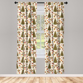 Ambesonne Christmas Curtains, Fir Tree Garland and Bells Ornaments Xmas Themed Cartoon Seasonal Holiday, Window Treatments 2 Panel Set for Living Room Bedroom, Pair of - 28" x 63", Beige