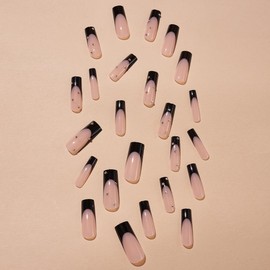 Press on Nails Long Coffin Black French Fake Nails, Rhinestones Acrylic Nails Kits, Glossy Nude Gel Manicure Glue Stick On Natural Nail Tip 24 Pcs