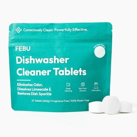 FEBU Dishwasher Cleaner Tablets Made in USA | Natural Dishwasher Cleaner and Deodorizer | Eliminates Grease & Grime | 8 Natural, Biodegradable, Plant-Based Ingredients | 24 Tablets - 12 Month Supply