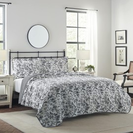 Laura Ashley - King Quilt Set, Soft Cotton Bedding with Reversible Design, Medium Weight for Year Round Use, 3 Piece Bed Set with Matching Pillowcases (Amberley Black/White)