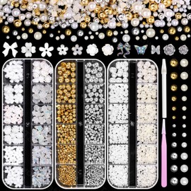 3 Boxes Half Nail Pearl and 3D Flowers for Nails, White Beige Flatback Pearl Nail Charm ABS Round Plastic Beads, Mixed Flowers Bow Butterfly Charm for Acrylic Nails Art DIY Accessories