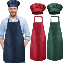 CHENGU 6 Pieces Chef Apron Set Kitchen Apron and Chef Hat Christmas Adjustable Apron with Pocket Butcher Hat Baker Costume Kitchen Apron for Men and Women (Red, Dark Green, Navy)