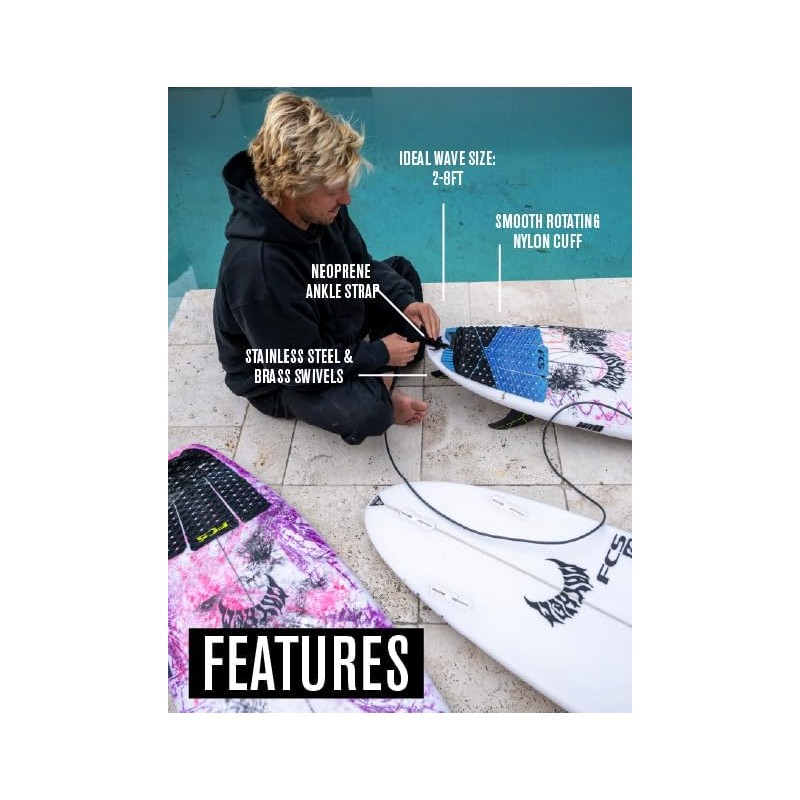 FCS Regular Classic Surfboard Leash – Durable 7mm Cord, Neoprene