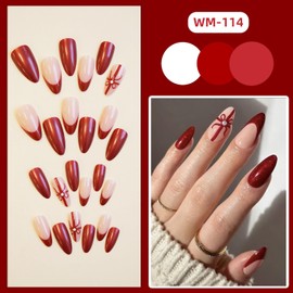 Christmas Press on Nails Medium Almond Fake Nails with Design Wine Red Glue on Nails French Tips Stick On Nails Glitter Winter Xmas False Nails for Women Girls Holiday Manicure 24pcs