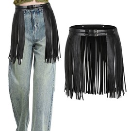 Lopsity Women Tassel Fringe Skirt Belt Punk Waist Belt PU Leather Gothic Waistband Adjustable Rock Belt Skirt (Black)
