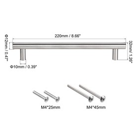 sourcing map T Bar Pull Handle, 8.7"(220mm) Length 12mm Dia Stainless Steel Cabinet Pulls 6.3"(160mm) Hole Center Distance