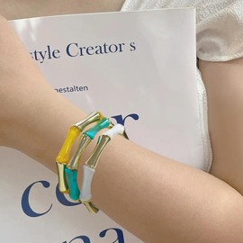 Firstmeet 3pcs Colorful Bamboo Tube Bangle Bracelets Stacking Chunky Acrylic Beads Stretch Gold Bracelet for Women, Medium, no gemstone