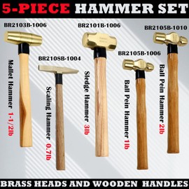 WEDO 5 Piece Hammer Set,3lb Sledge Hammer | 1-1/2lb Drum Type Hammer| 1lb Ball Pein Hammer | 2lb Ball Pein Hammer | 0.7lb Scaling Hammer,Brass,Wooden Handle