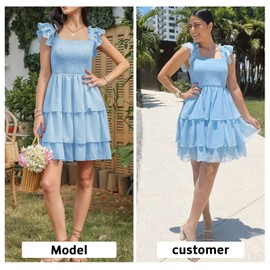 Byinns Womens Square Neck Sleeveless Ruffle Dress High Waist Backless Tiered Smocked Strappy Casual Short Mini Dresses Light Blue