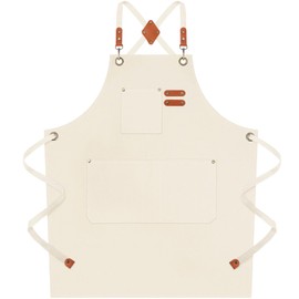 Riqiaqia White Chef Apron for Men Women, Water-Resistant Cotton Canvas Cross Back Apron with Large Pockets