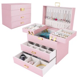 Dajasan Jewelry Boxes for Women Girls, Jewelry Storage Organizer, 4 Layers Large Jewelry Organizer Box with 2 Drawers for Friends, Wife or Mother Gift (Pink)