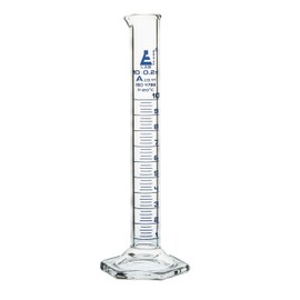 Graduated Cylinder, 10ml - Class A Tolerance ±0.10ml - Hexagonal Base - Blue Graduations - Borosilicate 3.3 Glass - Eisco Labs