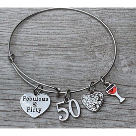 Infinity Collection Fabulous and 50th Birthday Wine Glass Bangle Bracelet, 50th Birthday Gifts for Women, Fabulous and 50th Heart Bangle, 50th Bday Gifts for Her
