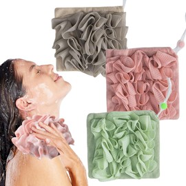 Juego de 3 Esponjas de Baño， Esponja para baño suave，Esponja de Baño Cuadrada 2 en 1， Exfoliación Suave, Limpieza profunda，Adecuado para Hombres y Mujeres Bañarse y Ducha (Verde + Rosa + Caqui)