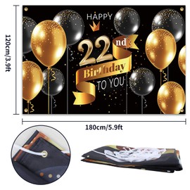 PAKBOOM Happy 22nd Birthday Backdrop Banner - 22 Birthday Party Decorations Supplies for Men - Black Gold 3.9 x 5.9ft
