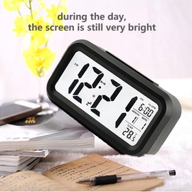 WANGCL 12/24 hour digital alarm clock bedside table clock with backlight LCD display date calendar and temperature display (black