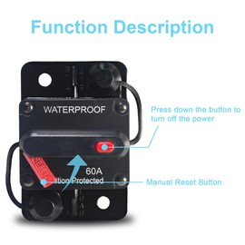 60 Amp Waterproof Circuit Breaker with Manual Reset - for Marine Trolling Motors, Boat, ATV, 12V - 48V DC, Surface Mount