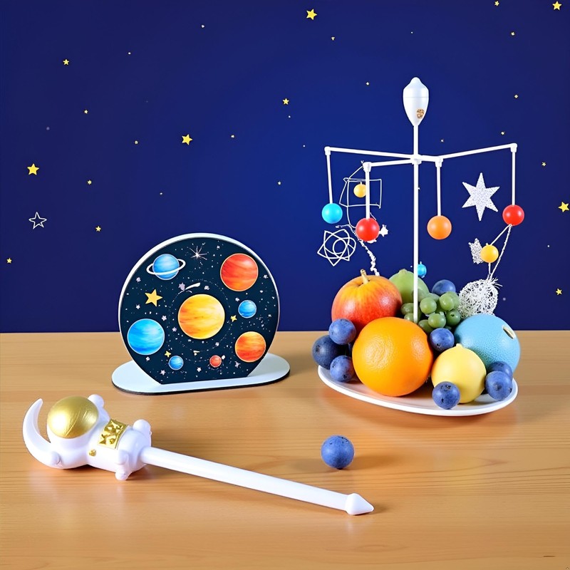 8pcs Blue and Gold Astronaut Fruit Fork for Kids, Fun