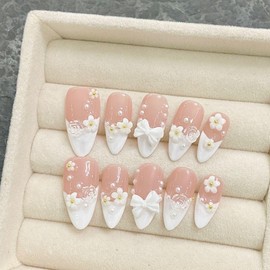 Wsliana Handmade Press On Nails - Almond Shape Medium Short Length with Pink Bow French Design, 10pcs Glue On Acrylic Fake Nails with Storage Box | Stylish and Elegant (039 L)