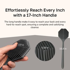 SILKLE Silicone Back Scrubber with Long Handle - Octagon Body Brush for Shower, Bath, and Exfoliating - Skin Cleansing, Back Scrub and Gentle Silicone Sponge - Wash Your Body with Easy Reach - Gray