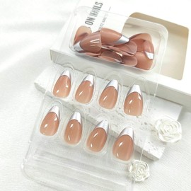 Almond Press on Nails Short Fake Nails with French Tip Designs Silver Nails Press ons Glossy Glue on Nails Nude False Nails Daily Wear Simple Acrylic Nails Cute Stick on Nails for Women 24Pcs