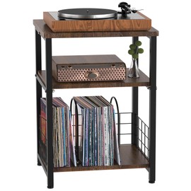 Tuohours Record Player Stand, 3 Tier End Side Table with Vinyl Record Storage Basket, Turntable Table up to 100 Albums Record Shelf Display Holder Cabinet for Living Room, Bedroom, Office