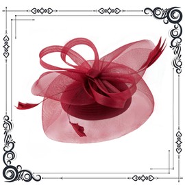 dressfan Church Derby Fascinator Hats for Women,20s 50s Vintage Feather Headband Hair Accessories Headwear for Derby/Wedding/Cocktail/Tea Party,00815-Burgundy