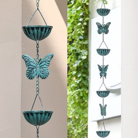 Retrome 8.5 Ft Rain Chain for Gutters Downspouts, Cups with Butterfly, Distressed Blue