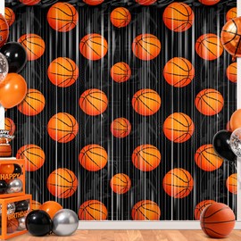 Basketball 2PCS Basketball Party Foil Fringe Curtain, Black and Orange Basketball Party Decorations Backdrop Sports Decorations for Party Wall Decor 3.3 X 6.6 ft