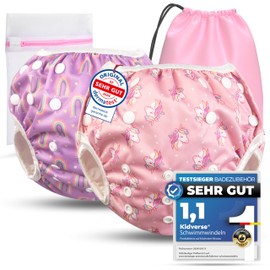 KIDVERSE Set of 2 Swim Nappies Baby 0-3 Years - Skin-Friendly Swim Nappies Reusable & Absorbent - Baby Swim Nappy with Bag and Laundry Net (Pink Unicorn Rainbow)