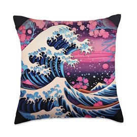 Wave Bloom Vibes Artistry Vibrant Colors Sakura's Embrace Japanese's Wave Magic Throw Pillow, 18x18, Multicolor