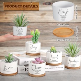 Fumete 12 Pcs White Bible Verse Succulent Pots with Drainage 3.15 Inch Mini Ceramic Flower Planter Pot with Bamboo Tray Small Plant Pots Christian for Friends, Plants Not Included(Special Style)