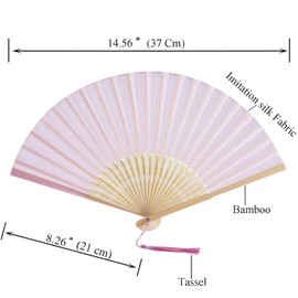 SL crafts 50 Sets Imitated Silk Hand Fan with Tassel and Organza Bags and Thank You Tags Fabric Handheld Folding Fans Bamboo Frame Bridal Dancing Props Wedding Party Favors (Pink)