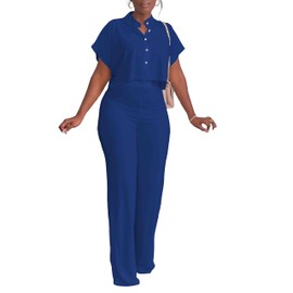 HBQ Women's Summer 2 Piece Outfits Casual Tracksuit Short Sleeve Button Down Crop Top Wide Leg Long Pant Lounge Sets-L-Blue