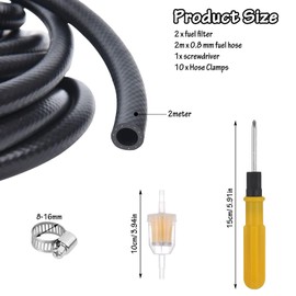 Fuel Line Hose 8mm Inner Dim Fuel Pipe Line, 2m Thickened Fuel Pipe Fuel Hose with 2 Fuel Filters and 10 Hose Clamps for Car Tractor Motorcycle Small Engines