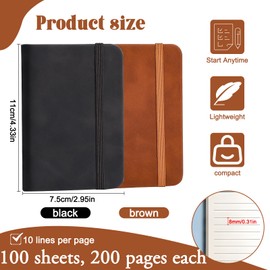 Mikqky 2 Stück Notizbuch Klein, Notizbuch a7, Mini Notizbuch, Tagebuch Hardcover, Innentaschen Mini Notizbuch, Ledernotizbücher, 200 Seiten Dickes Papier Mini Notizbuch (Schwarz, Braun)