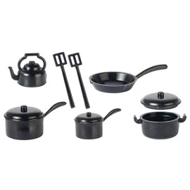 Town Square Miniatures  Miniature Dollhouse 10 Piece Black Pots Pans Accessories 1:12 Scale New
