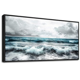 ERQINHUA Black And White Beach Wall Painting Large Canvas Wall Art For Living Room Wall Decor For Bedroom Office Wall Decor Blue Sea Wave Pictures Artwork Hotel Home Decor Black Framed 30x60 In