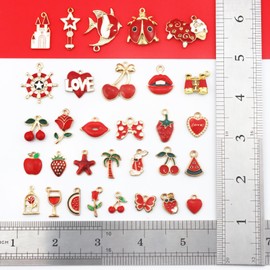 JIALEEY Assorted Red Enamel Charm, Enamel Pendants for Necklace Bracelet Jewelry Making and Crafting, Mixed Rose Fruits Animals Love Star Charms, 31PCS