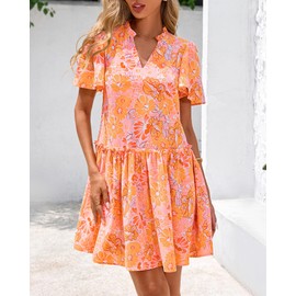BTFBM Women Summer Dresses 2025 Short Sleeve V Neck Tiered Ruffle Boho Swing Dress A-Line Floral Mini Dresses(Floral Orange,Medium)